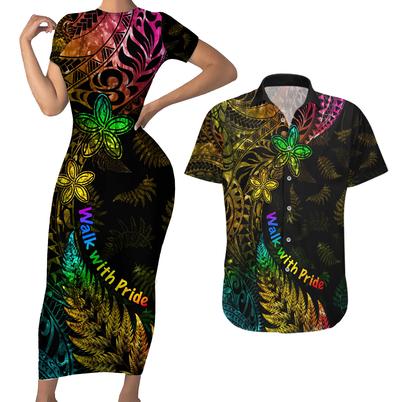 Personalised New Zealand Wellington Pride Couples Matching Short Sleeve Bodycon Dress and Hawaiian Shirt Rainbow Silver Fern Paua Shell LT05 Black - Polynesian Pride