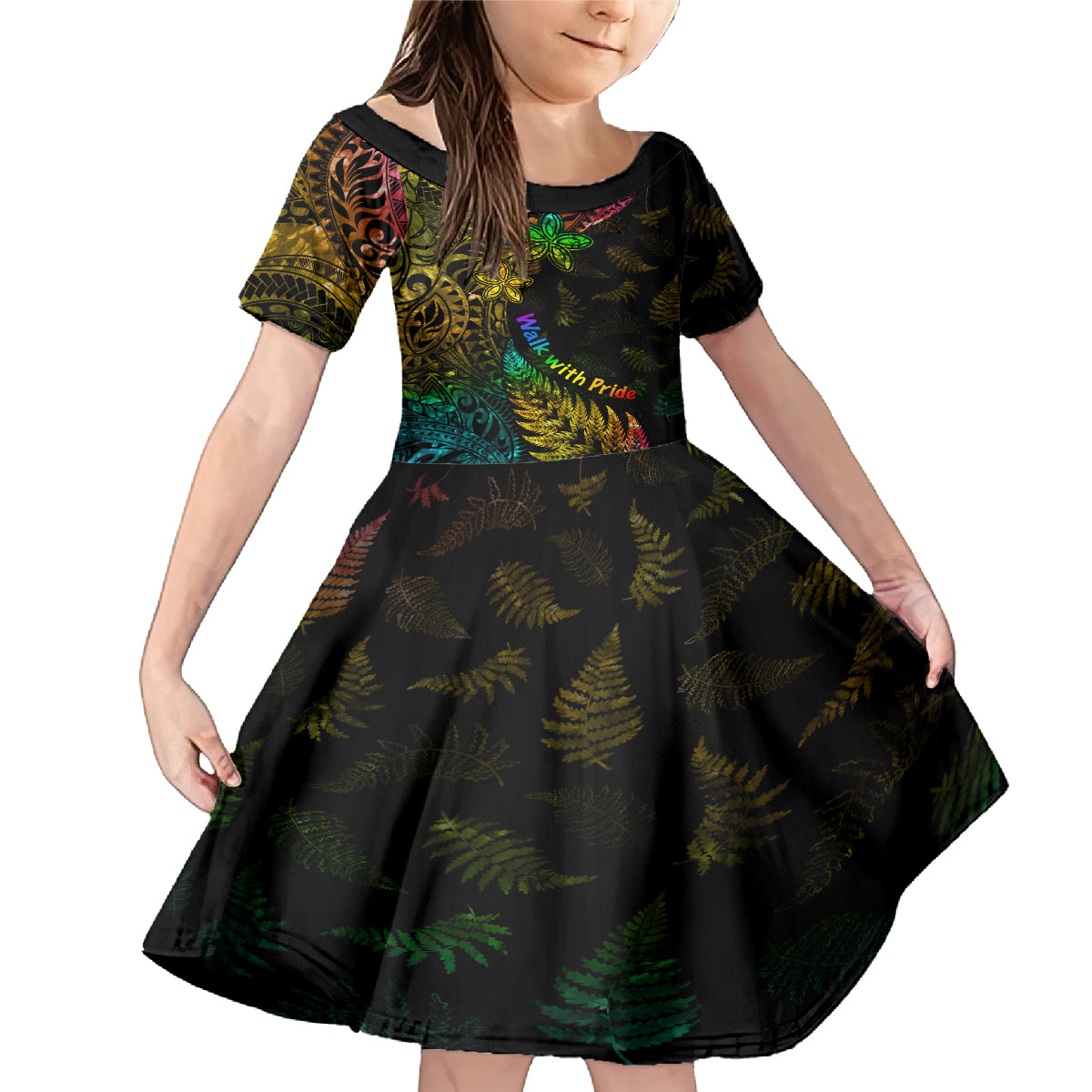 Personalised New Zealand Wellington Pride Family Matching Mermaid Dress and Hawaiian Shirt Rainbow Silver Fern Paua Shell LT05 Daughter's Dress Black - Polynesian Pride