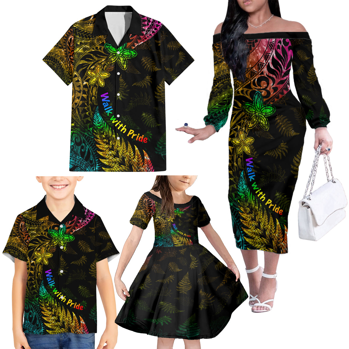 Personalised New Zealand Wellington Pride Family Matching Off Shoulder Long Sleeve Dress and Hawaiian Shirt Rainbow Silver Fern Paua Shell LT05 - Polynesian Pride