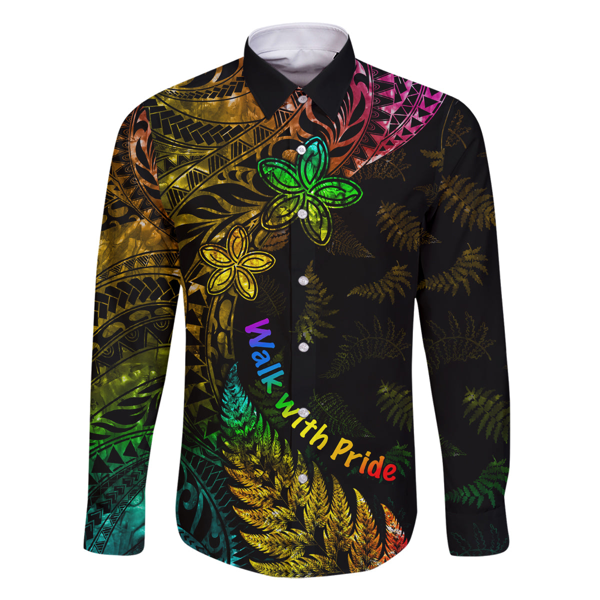 Personalised New Zealand Wellington Pride Family Matching Off Shoulder Maxi Dress and Hawaiian Shirt Rainbow Silver Fern Paua Shell LT05 Dad's Shirt - Long Sleeve Black - Polynesian Pride