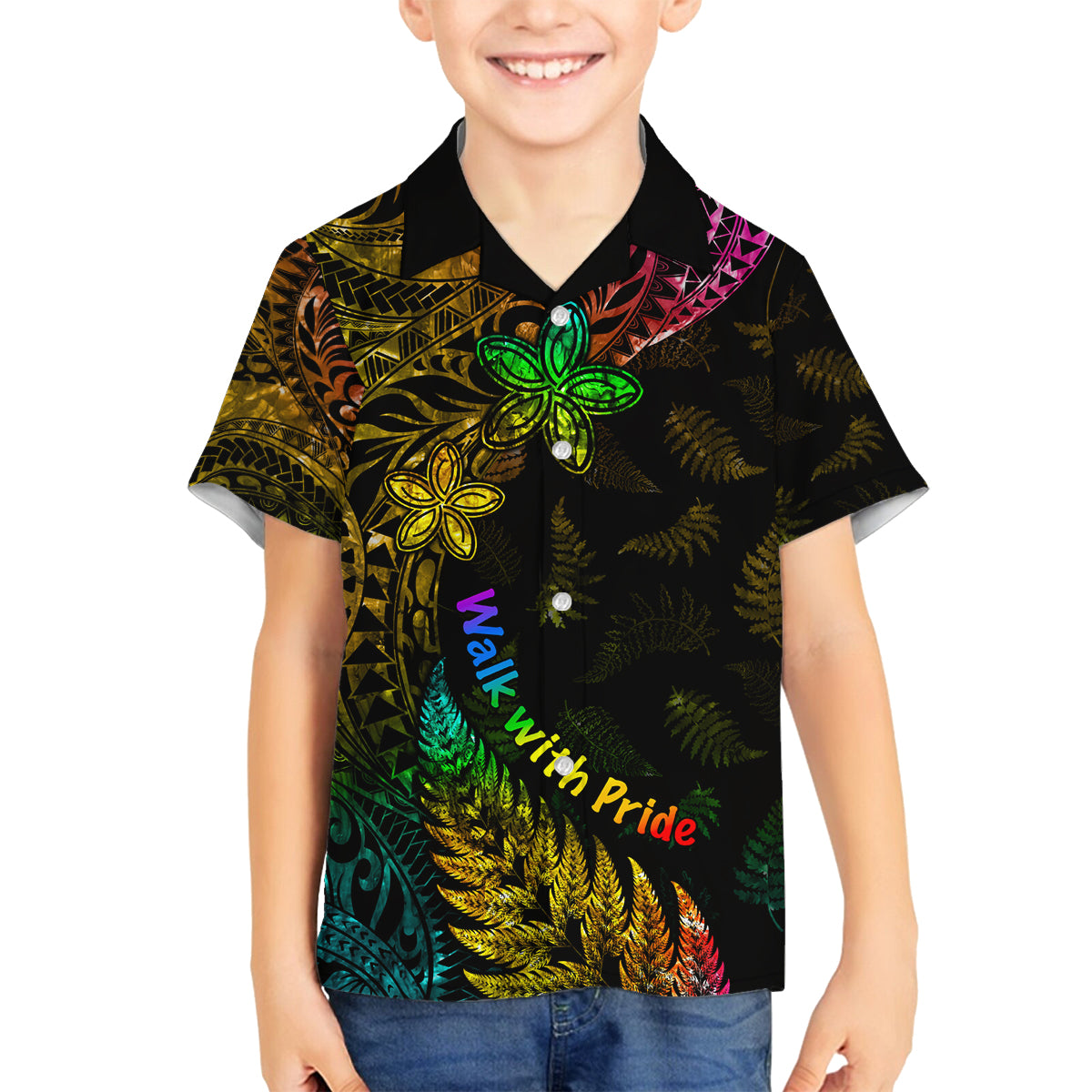 Personalised New Zealand Wellington Pride Family Matching Off Shoulder Maxi Dress and Hawaiian Shirt Rainbow Silver Fern Paua Shell LT05 Son's Shirt Black - Polynesian Pride