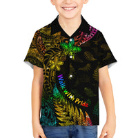 Personalised New Zealand Wellington Pride Family Matching Off Shoulder Maxi Dress and Hawaiian Shirt Rainbow Silver Fern Paua Shell LT05 Son's Shirt Black - Polynesian Pride