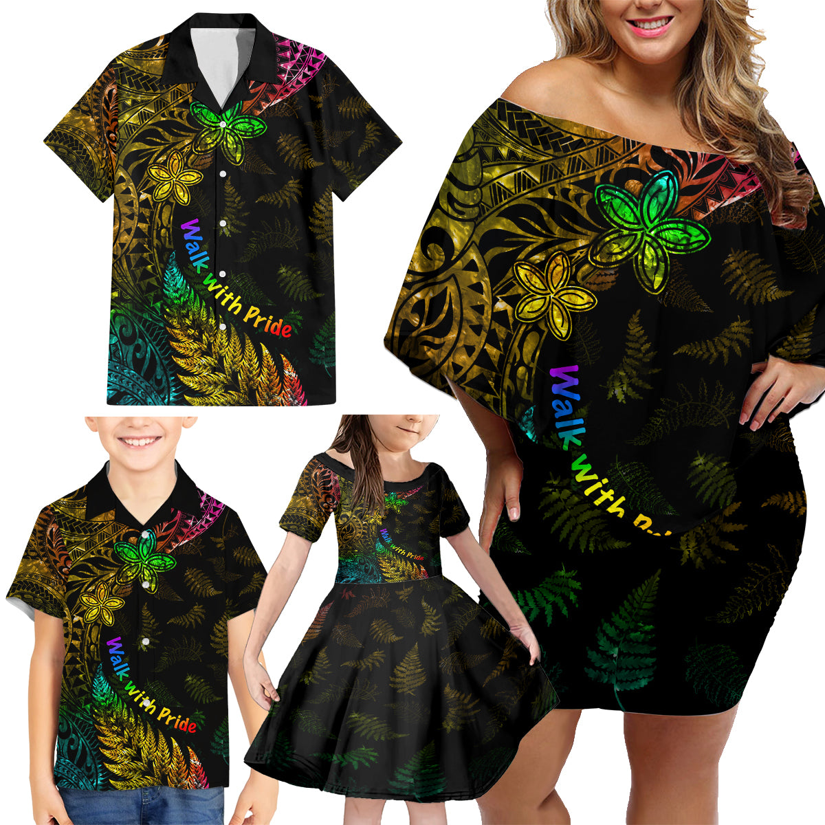 Personalised New Zealand Wellington Pride Family Matching Off Shoulder Short Dress and Hawaiian Shirt Rainbow Silver Fern Paua Shell LT05 - Polynesian Pride