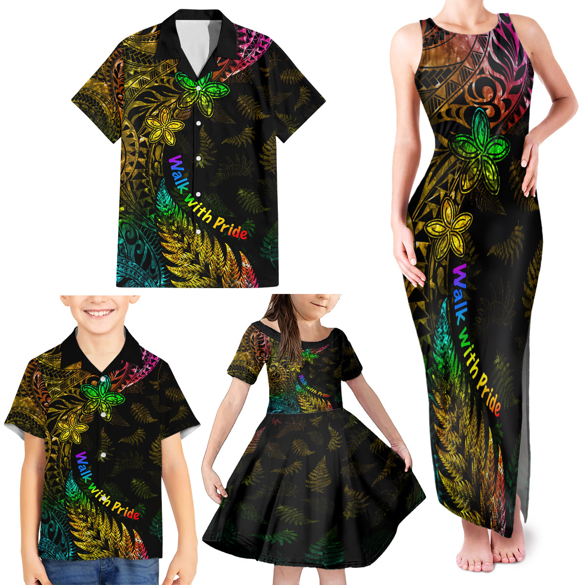 Personalised New Zealand Wellington Pride Family Matching Tank Maxi Dress and Hawaiian Shirt Rainbow Silver Fern Paua Shell LT05 - Polynesian Pride