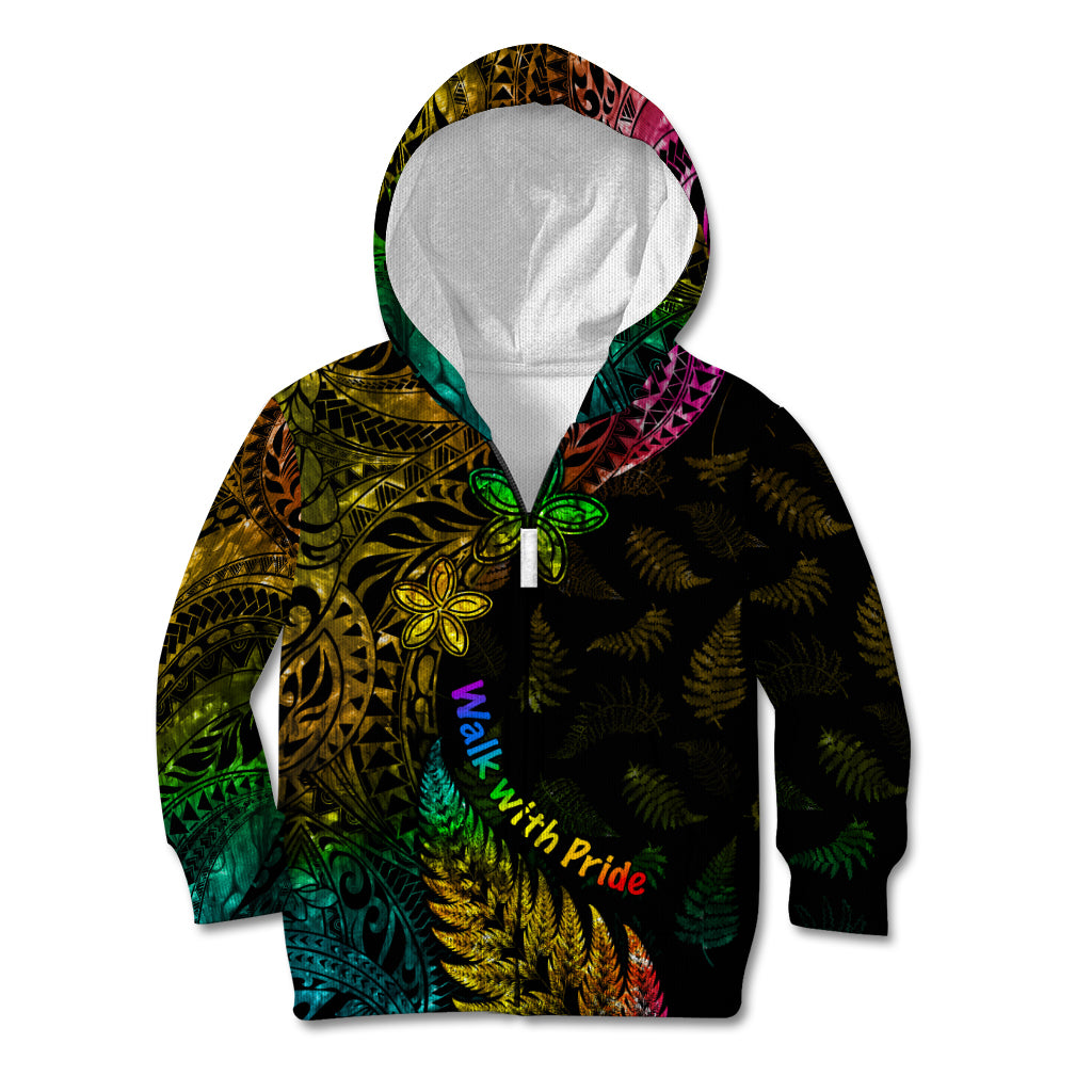 Personalised New Zealand Wellington Pride Kid Hoodie Rainbow Silver Fern Paua Shell LT05 Zip Hoodie Black - Polynesian Pride