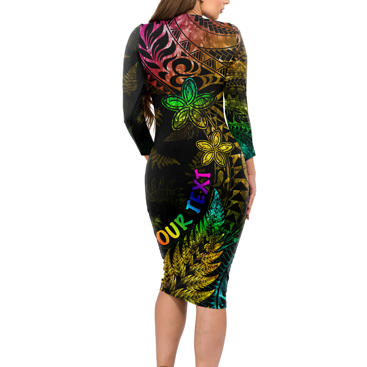Personalised New Zealand Wellington Pride Long Sleeve Bodycon Dress Rainbow Silver Fern Paua Shell LT05 - Polynesian Pride