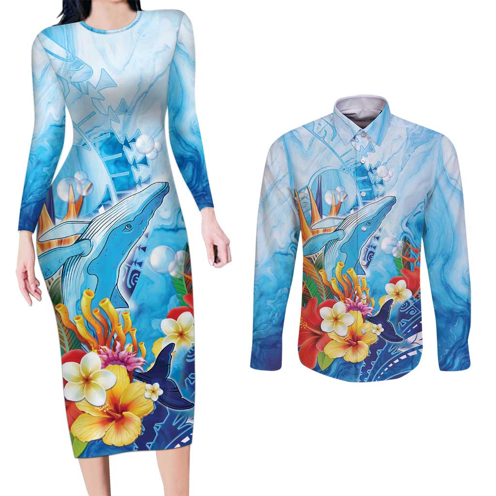 Polynesia Humpback Whale Couples Matching Long Sleeve Bodycon Dress and Long Sleeve Button Shirt Ocean Style LT05 Blue - Polynesian Pride