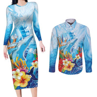 Polynesia Humpback Whale Couples Matching Long Sleeve Bodycon Dress and Long Sleeve Button Shirt Ocean Style LT05 Blue - Polynesian Pride