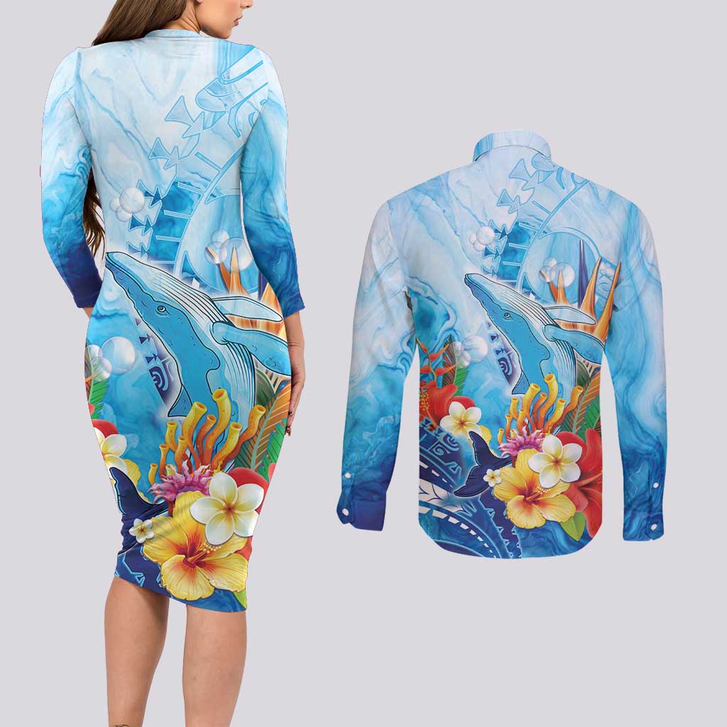 Polynesia Humpback Whale Couples Matching Long Sleeve Bodycon Dress and Long Sleeve Button Shirt Ocean Style LT05 - Polynesian Pride