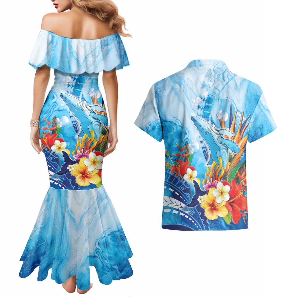 Polynesia Humpback Whale Couples Matching Mermaid Dress and Hawaiian Shirt Ocean Style LT05 - Polynesian Pride