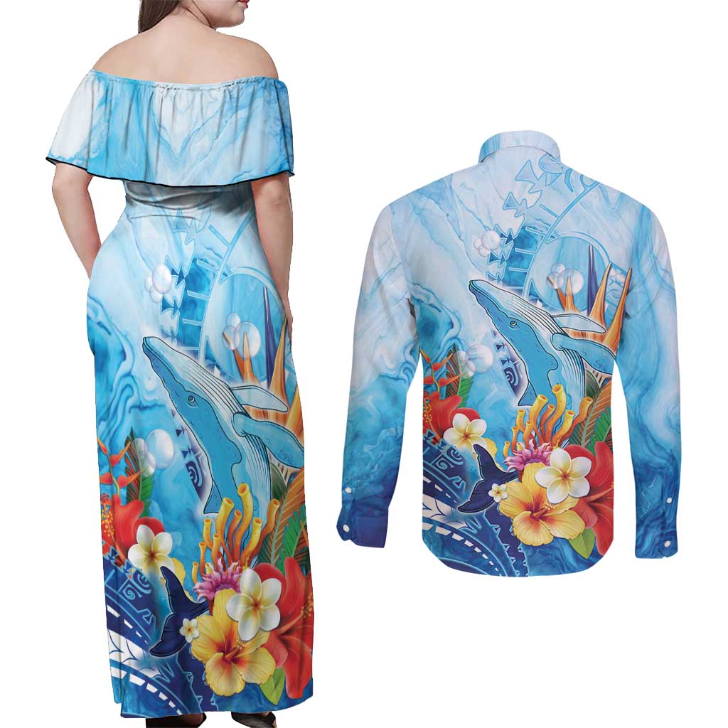 Polynesia Humpback Whale Couples Matching Off Shoulder Maxi Dress and Long Sleeve Button Shirt Ocean Style LT05 - Polynesian Pride
