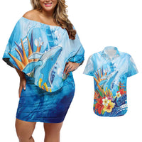Polynesia Humpback Whale Couples Matching Off Shoulder Short Dress and Hawaiian Shirt Ocean Style LT05 Blue - Polynesian Pride