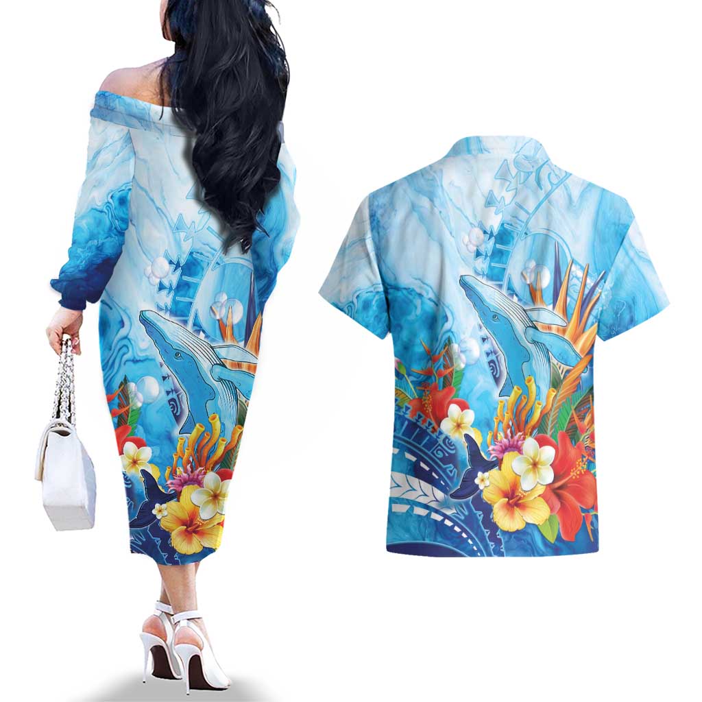 Polynesia Humpback Whale Couples Matching Off The Shoulder Long Sleeve Dress and Hawaiian Shirt Ocean Style LT05 - Polynesian Pride