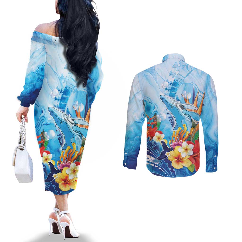 Polynesia Humpback Whale Couples Matching Off The Shoulder Long Sleeve Dress and Long Sleeve Button Shirt Ocean Style LT05 - Polynesian Pride