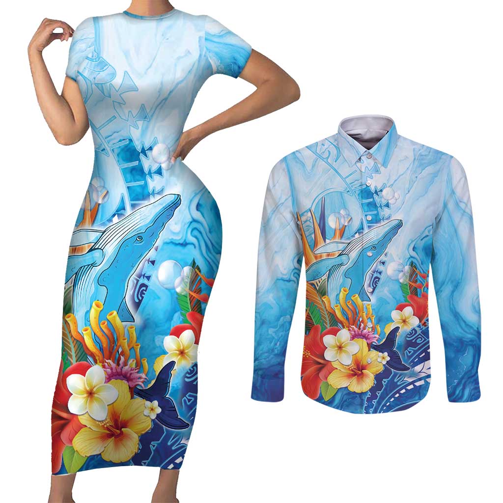 Polynesia Humpback Whale Couples Matching Short Sleeve Bodycon Dress and Long Sleeve Button Shirt Ocean Style LT05 Blue - Polynesian Pride