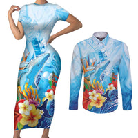 Polynesia Humpback Whale Couples Matching Short Sleeve Bodycon Dress and Long Sleeve Button Shirt Ocean Style LT05 Blue - Polynesian Pride