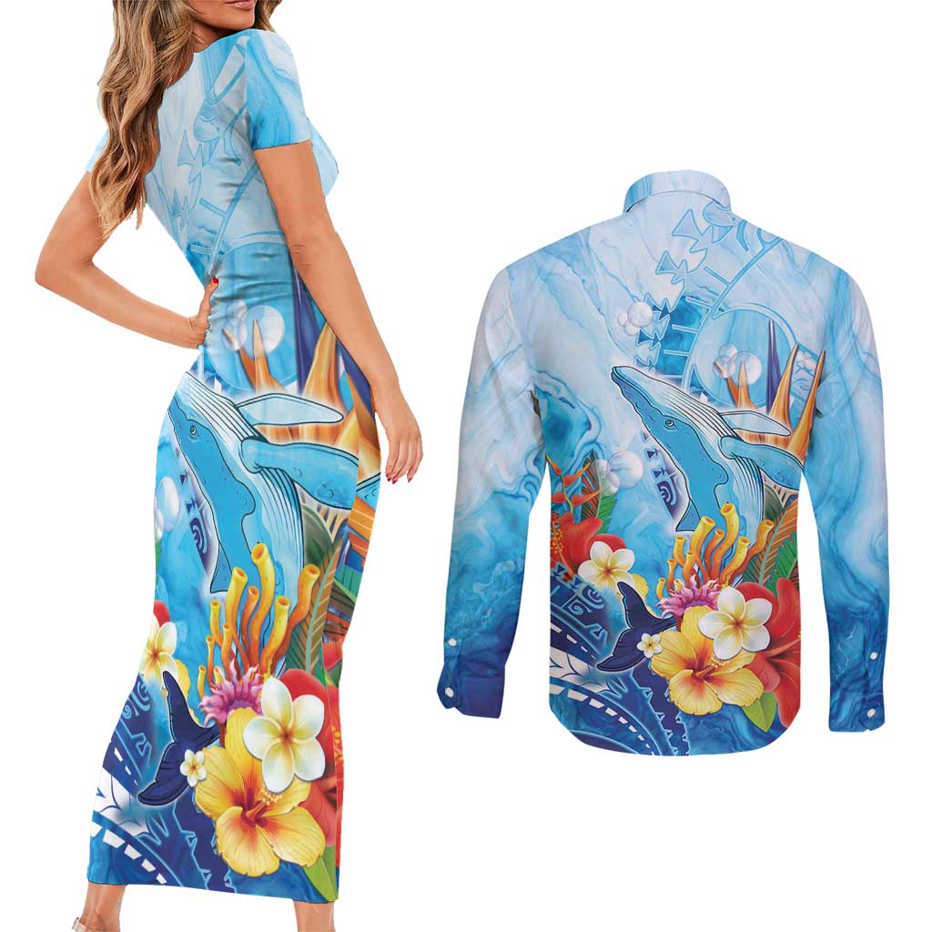 Polynesia Humpback Whale Couples Matching Short Sleeve Bodycon Dress and Long Sleeve Button Shirt Ocean Style LT05 - Polynesian Pride