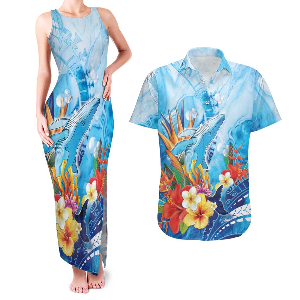 Polynesia Humpback Whale Couples Matching Tank Maxi Dress and Hawaiian Shirt Ocean Style LT05 Blue - Polynesian Pride