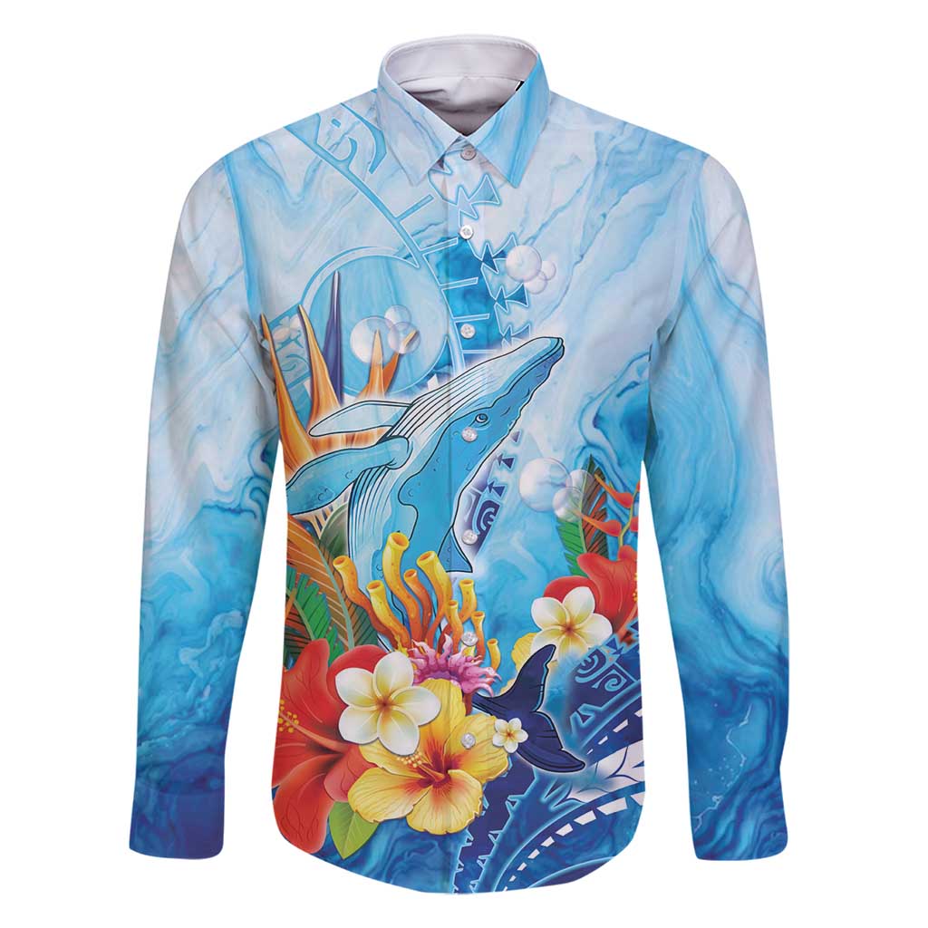 Polynesia Humpback Whale Family Matching Mermaid Dress and Hawaiian Shirt Ocean Style LT05 Dad's Shirt - Long Sleeve Blue - Polynesian Pride