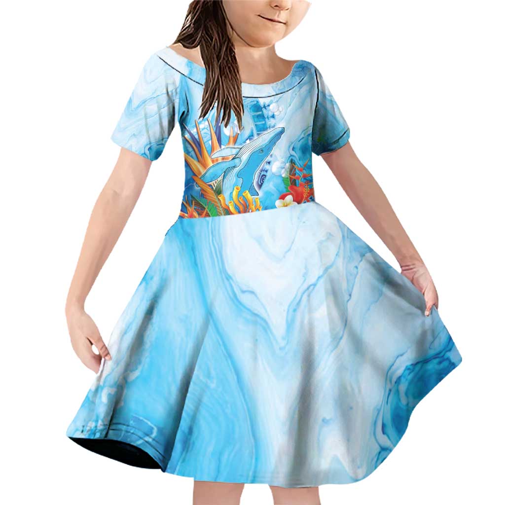 Polynesia Humpback Whale Family Matching Off Shoulder Short Dress and Hawaiian Shirt Ocean Style LT05 Daughter's Dress Blue - Polynesian Pride