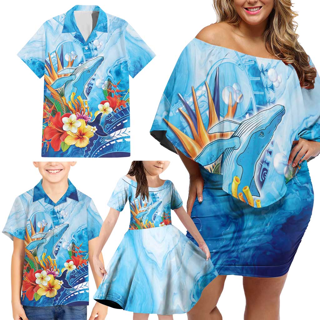 Polynesia Humpback Whale Family Matching Off Shoulder Short Dress and Hawaiian Shirt Ocean Style