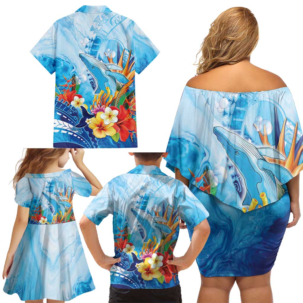 Polynesia Humpback Whale Family Matching Off Shoulder Short Dress and Hawaiian Shirt Ocean Style LT05 - Polynesian Pride