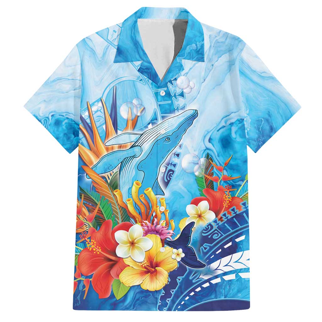 Polynesia Humpback Whale Family Matching Off Shoulder Short Dress and Hawaiian Shirt Ocean Style LT05 Dad's Shirt - Short Sleeve Blue - Polynesian Pride