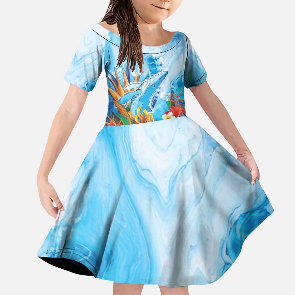 Polynesia Humpback Whale Family Matching Puletasi and Hawaiian Shirt Ocean Style LT05 Daughter's Dress Blue - Polynesian Pride