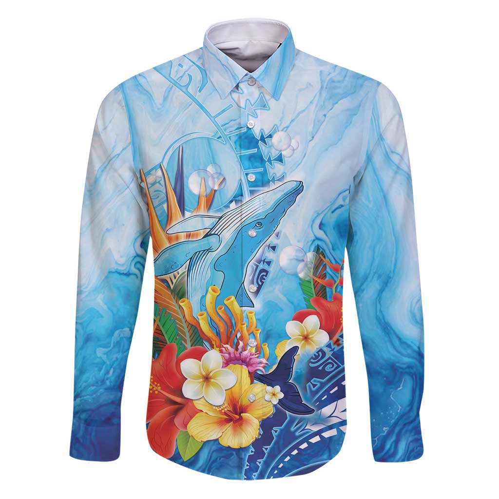 Polynesia Humpback Whale Family Matching Puletasi and Hawaiian Shirt Ocean Style LT05 Dad's Shirt - Long Sleeve Blue - Polynesian Pride