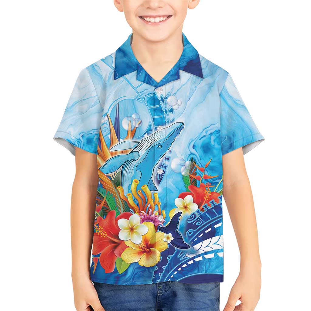 Polynesia Humpback Whale Family Matching Puletasi and Hawaiian Shirt Ocean Style LT05 Son's Shirt Blue - Polynesian Pride