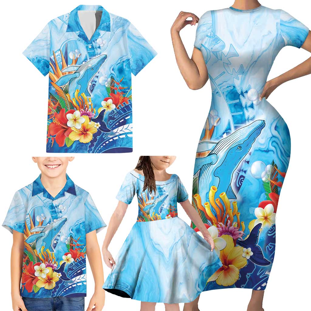 Polynesia Humpback Whale Family Matching Short Sleeve Bodycon Dress and Hawaiian Shirt Ocean Style