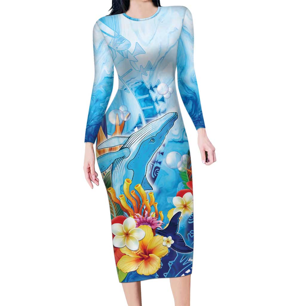 Polynesia Humpback Whale Long Sleeve Bodycon Dress Ocean Style