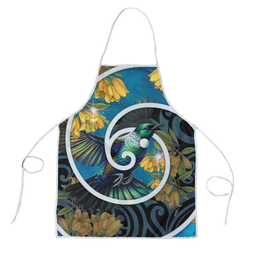 New Zealand Tui Bird Apron Maori Koru With Kowhai Flowers LT05 Black - Polynesian Pride