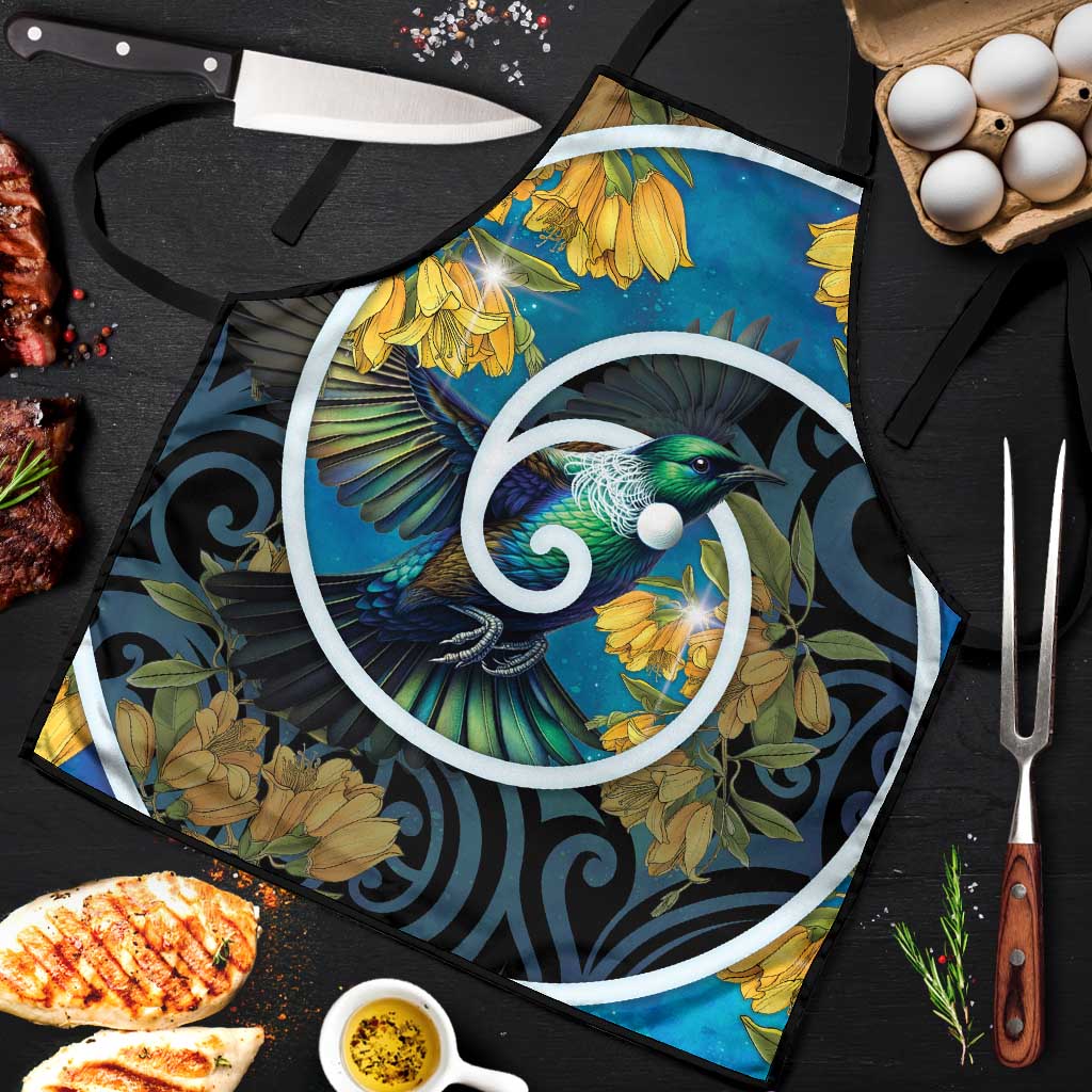 New Zealand Tui Bird Apron Maori Koru With Kowhai Flowers LT05 Black - Polynesian Pride