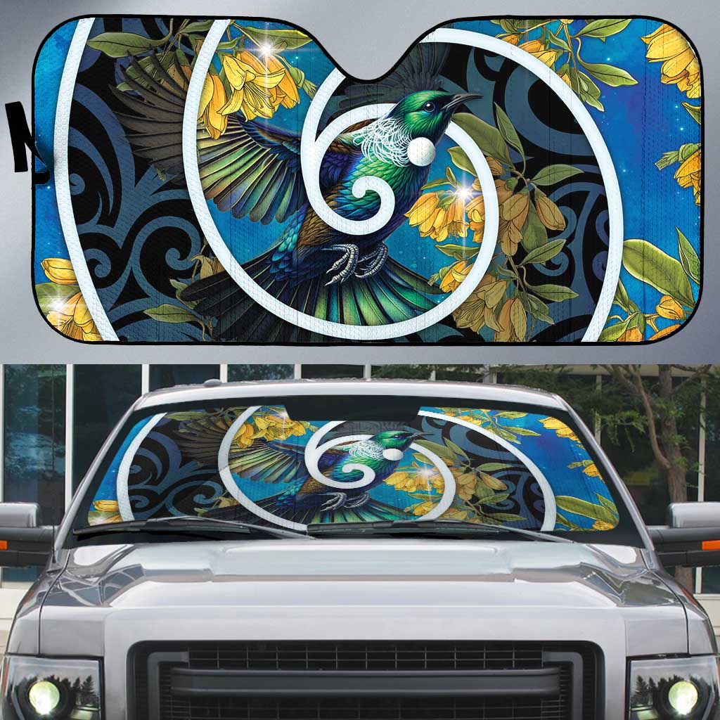 New Zealand Tui Bird Auto Sun Shade Maori Koru With Kowhai Flowers