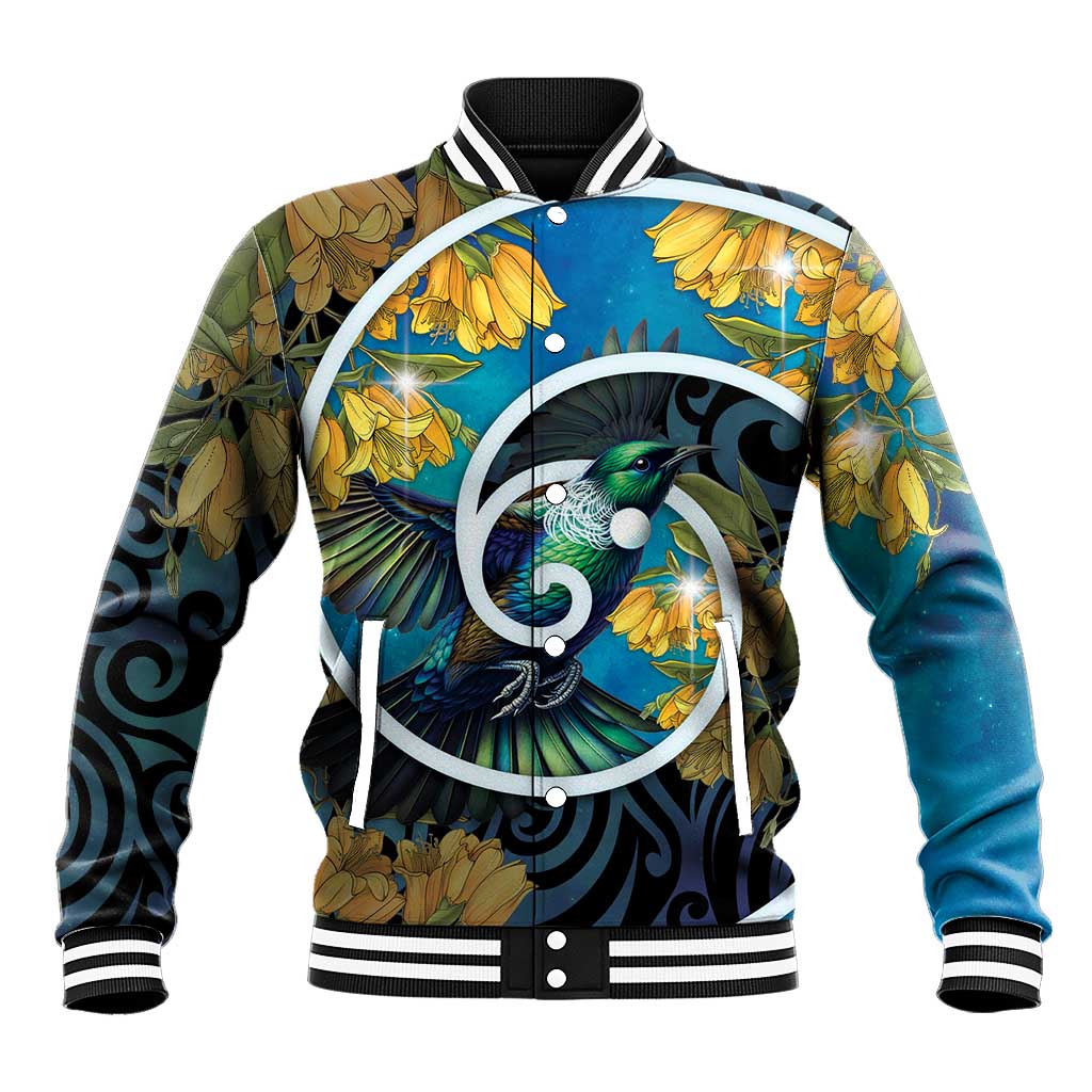 New Zealand Tui Bird Baseball Jacket Maori Koru With Kowhai Flowers LT05 Unisex Black - Polynesian Pride