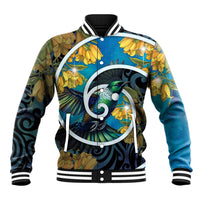 New Zealand Tui Bird Baseball Jacket Maori Koru With Kowhai Flowers LT05 Unisex Black - Polynesian Pride