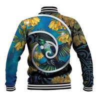 New Zealand Tui Bird Baseball Jacket Maori Koru With Kowhai Flowers LT05 - Polynesian Pride