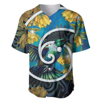 New Zealand Tui Bird Baseball Jersey Maori Koru With Kowhai Flowers LT05 Black - Polynesian Pride