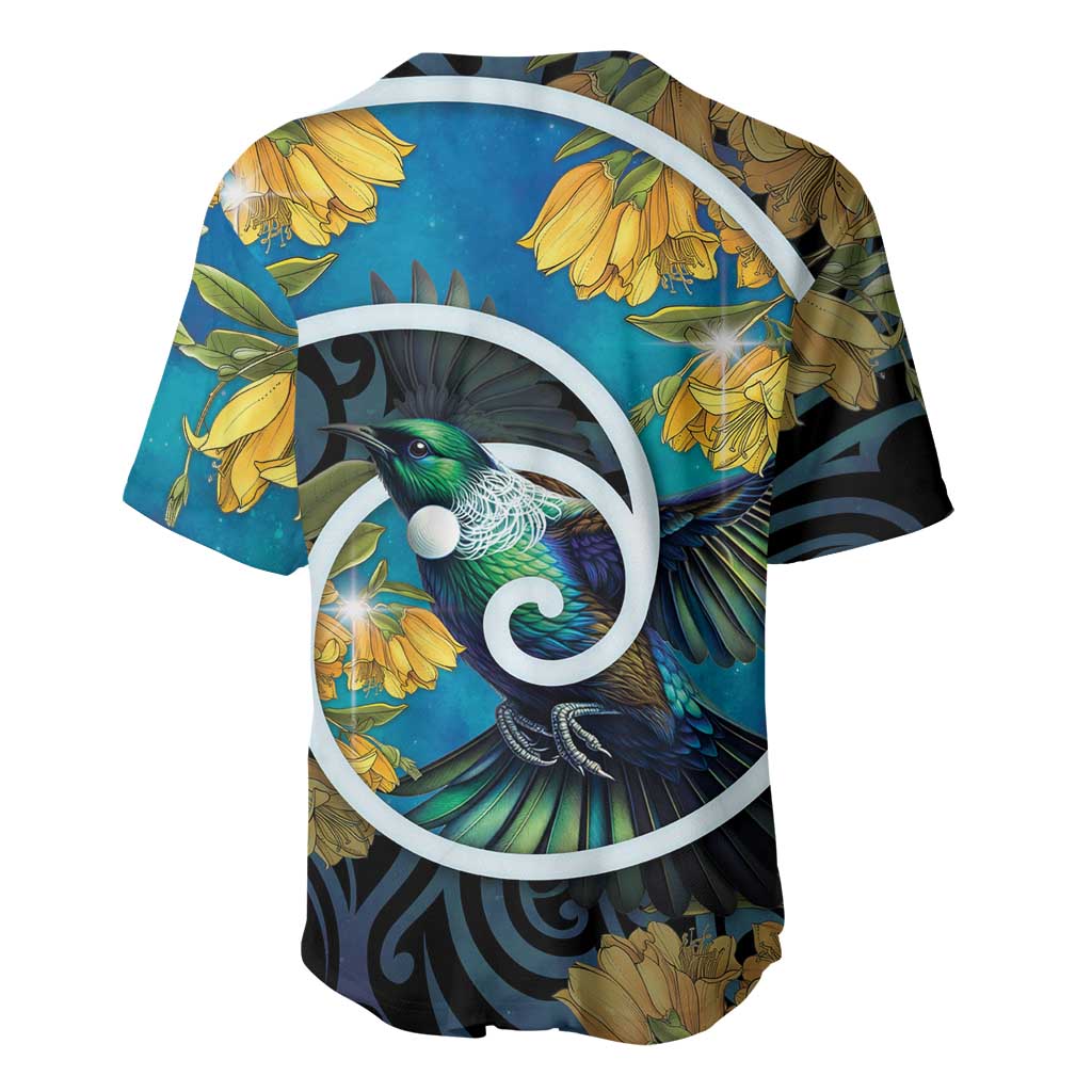 New Zealand Tui Bird Baseball Jersey Maori Koru With Kowhai Flowers LT05 - Polynesian Pride