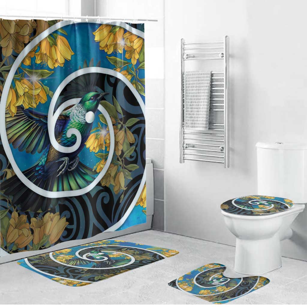 New Zealand Tui Bird Bathroom Set Maori Koru With Kowhai Flowers LT05 Bathroom Set (4 pcs) Black - Polynesian Pride
