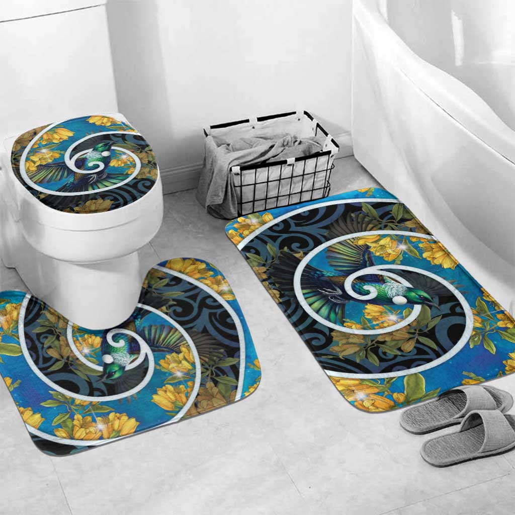 New Zealand Tui Bird Bathroom Set Maori Koru With Kowhai Flowers LT05 Mat Set Only (3 pcs) One Size Black - Polynesian Pride
