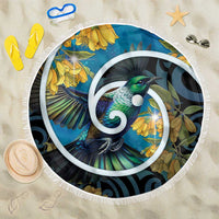 New Zealand Tui Bird Beach Blanket Maori Koru With Kowhai Flowers LT05 One Size 150cm Black - Polynesian Pride