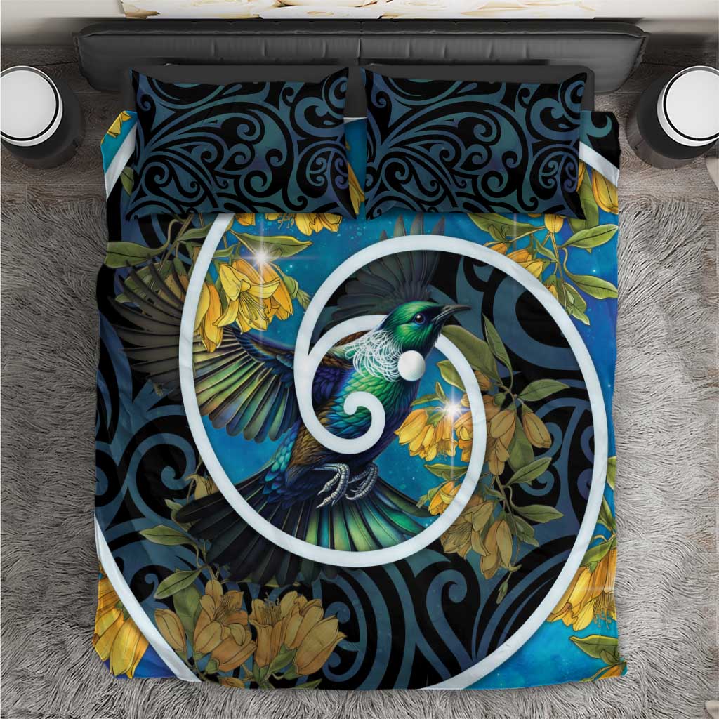 New Zealand Tui Bird Bedding Set Maori Koru With Kowhai Flowers LT05 Black - Polynesian Pride