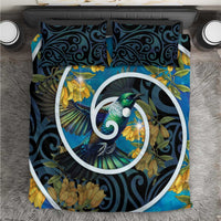 New Zealand Tui Bird Bedding Set Maori Koru With Kowhai Flowers LT05 Black - Polynesian Pride