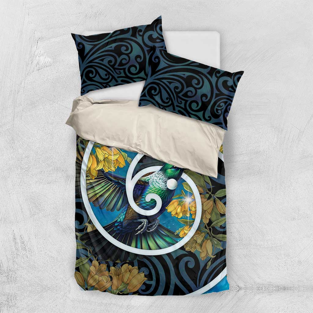 New Zealand Tui Bird Bedding Set Maori Koru With Kowhai Flowers LT05 US Twin 172cm x 218cm Black - Polynesian Pride