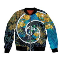 New Zealand Tui Bird Bomber Jacket Maori Koru With Kowhai Flowers LT05 Unisex Black - Polynesian Pride