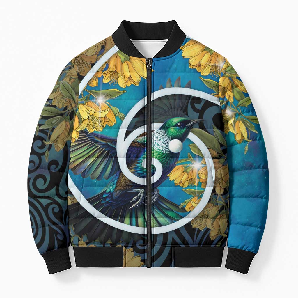 New Zealand Tui Bird Bomber Puffer Jacket Maori Koru With Kowhai Flowers LT05 Unisex Black - Polynesian Pride