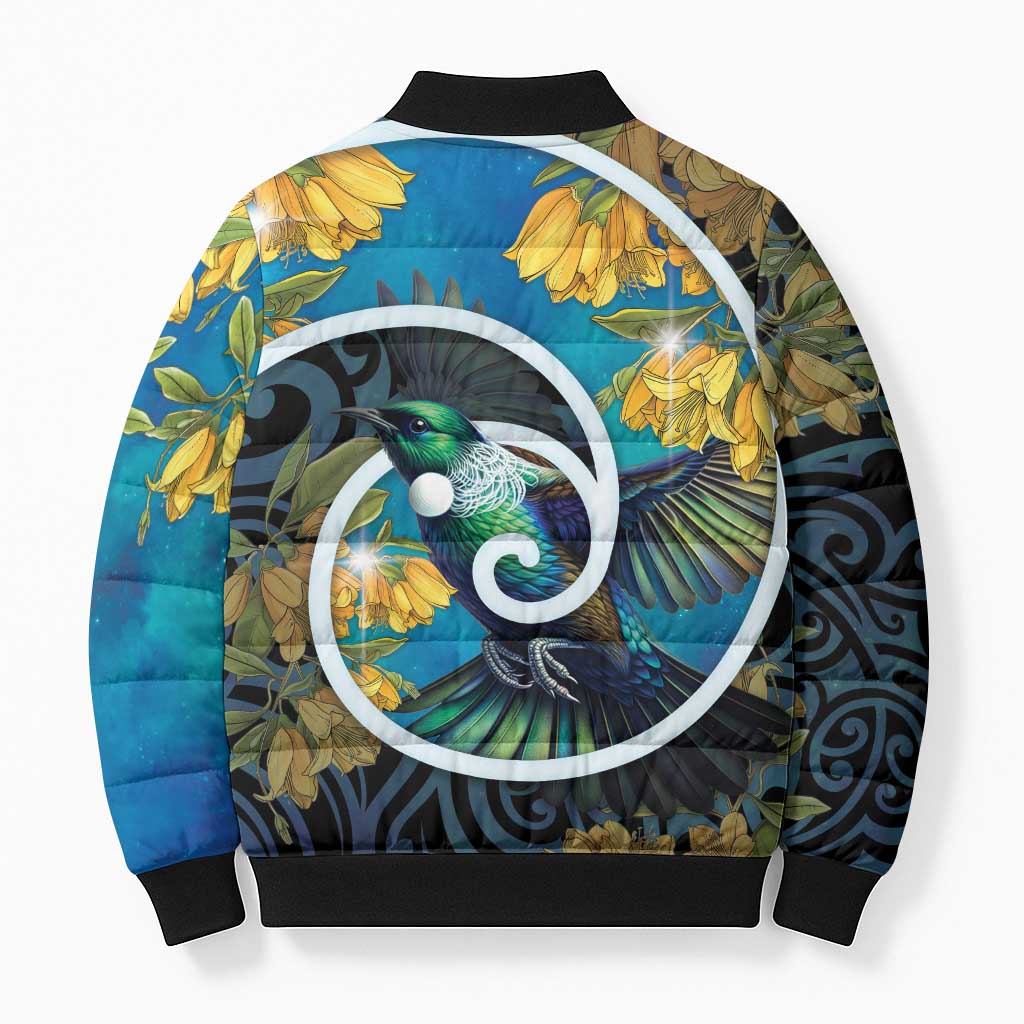 New Zealand Tui Bird Bomber Puffer Jacket Maori Koru With Kowhai Flowers LT05 - Polynesian Pride