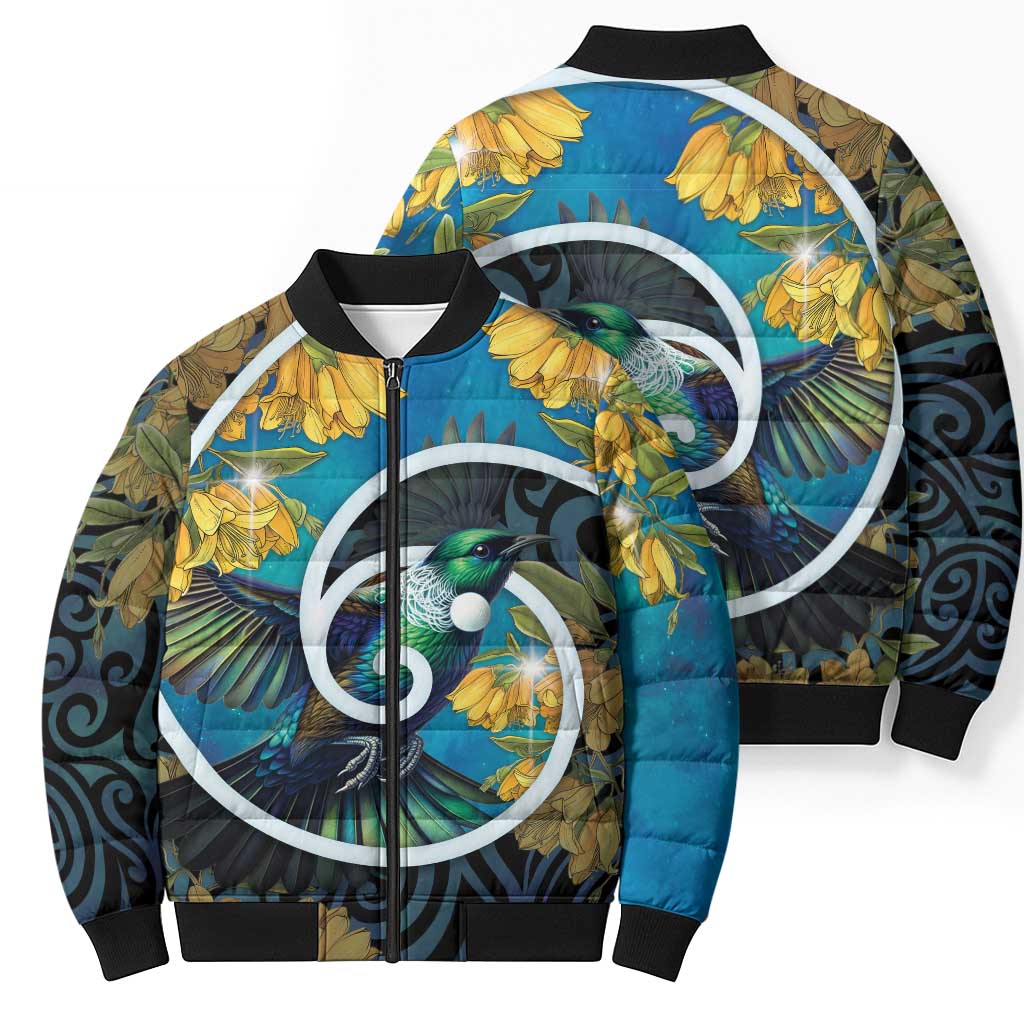 New Zealand Tui Bird Bomber Puffer Jacket Maori Koru With Kowhai Flowers LT05 - Polynesian Pride